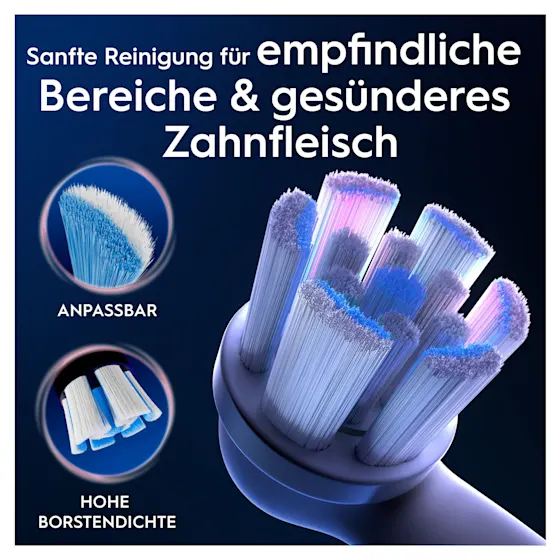 Oral-B iO Aufsteckbürsten-Verpackung, hervorgehoben wird die "Sanfte Reinigung" und dass zwei Bürsten enthalten sind.