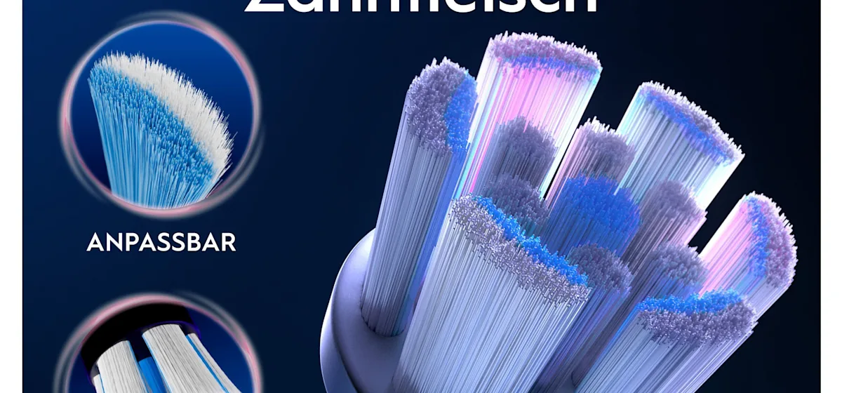 Oral-B iO Aufsteckbürsten-Verpackung, hervorgehoben wird die "Sanfte Reinigung" und dass zwei Bürsten enthalten sind.