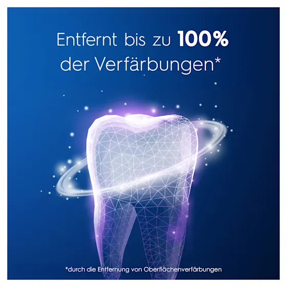 Oral-B 3D White Luxe Perfection Zahnpasta, Tube und Verpackung, mit dem Hinweis "Entfernt bis zu 100% der Verfärbungen".