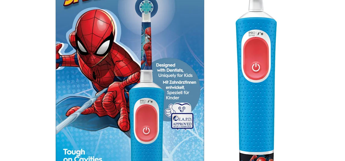 Oral-B PRO Kids elektrische Zahnbürste mit Marvel Spider-Man Design und Verpackung, für Kinder ab 3 Jahren.