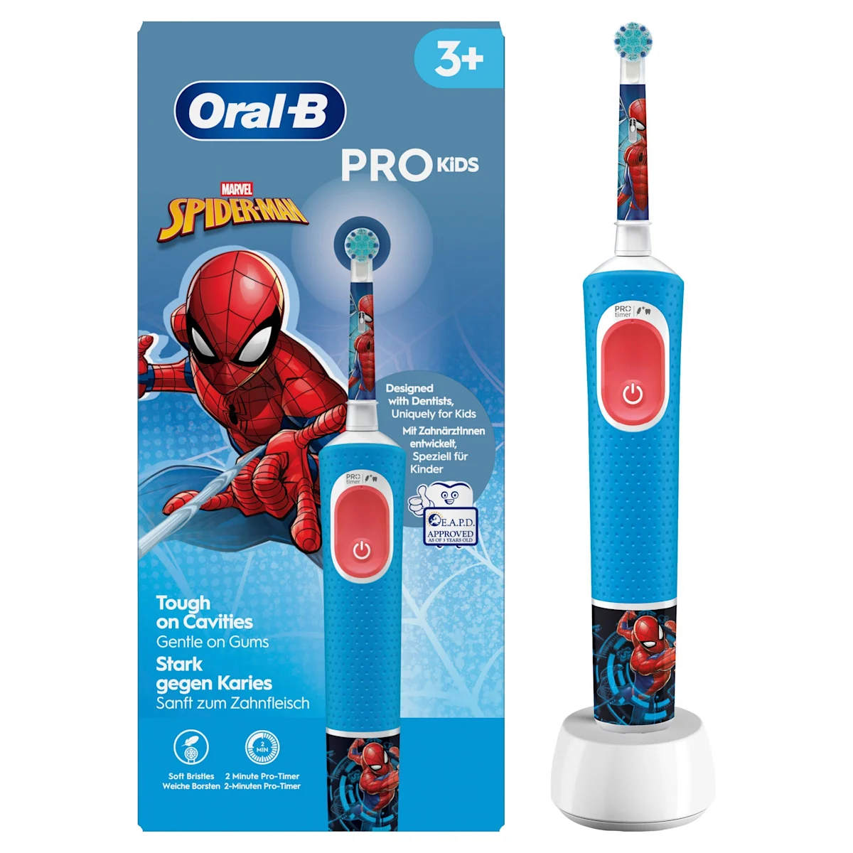 Oral-B PRO Kids elektrische Zahnbürste mit Marvel Spider-Man Design und Verpackung, für Kinder ab 3 Jahren.