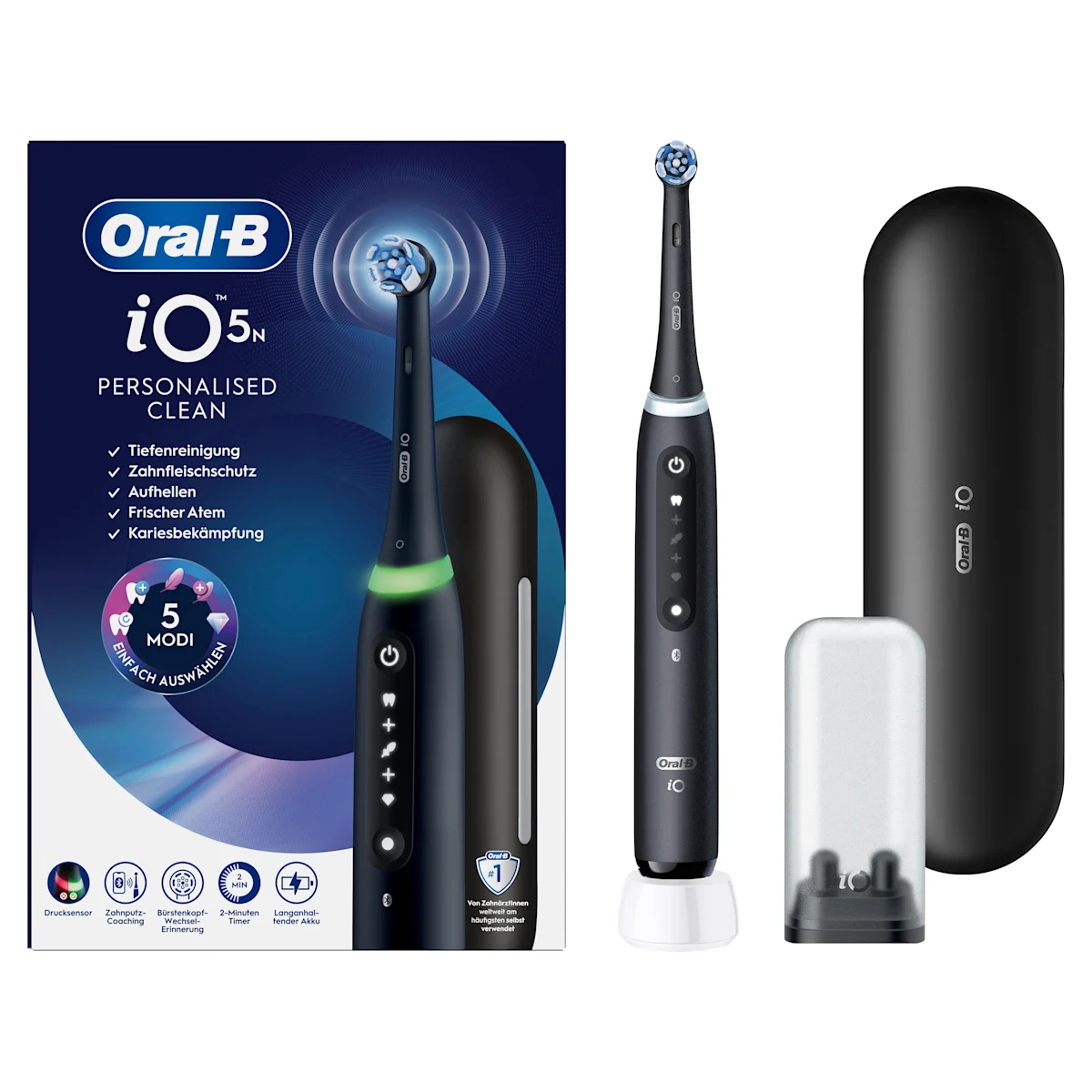 Oral-B iO5 Zahnbürste in Schwarz, zusammen mit Verpackung, Reiseetui und Ladefunktion; mit dem Hinweis Made in Germany.
