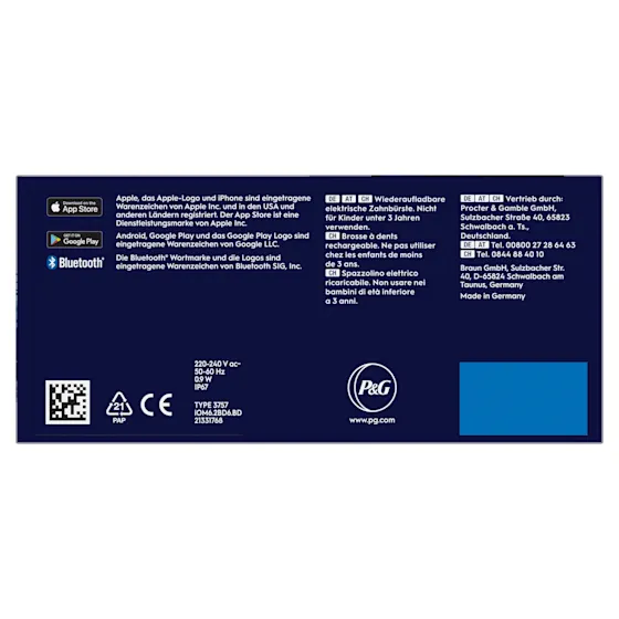Oral-B iO6 elektrische Zahnbürste mit Verpackung, die geführte Reinigung mit der App hervorhebt, damit keine Stelle ausgelassen wird. Mit Made in Germany Anhänger.