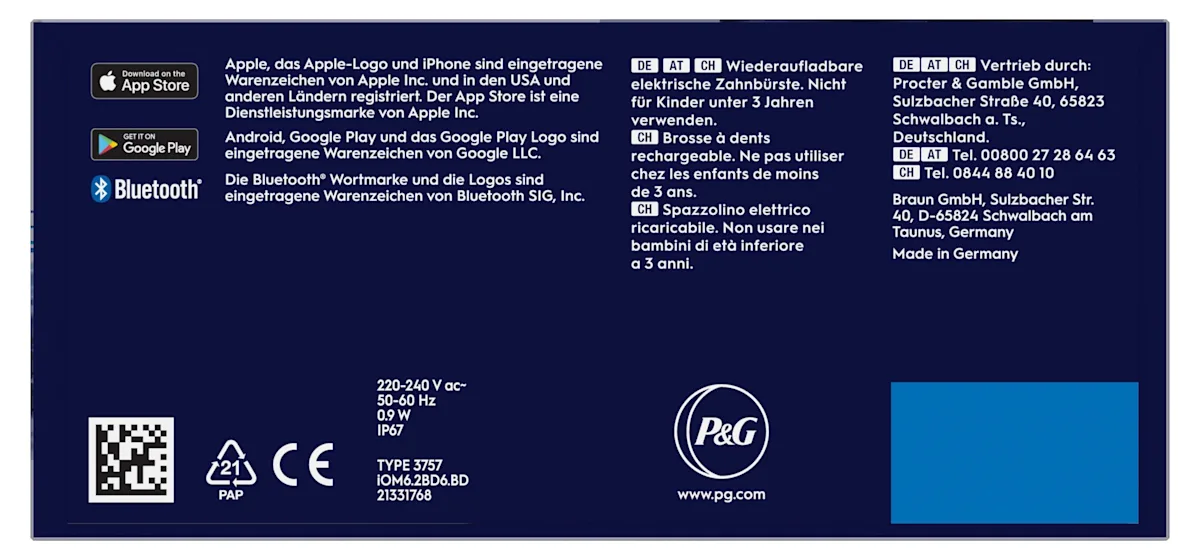 Oral-B iO6 elektrische Zahnbürste mit Verpackung, die geführte Reinigung mit der App hervorhebt, damit keine Stelle ausgelassen wird. Mit Made in Germany Anhänger.