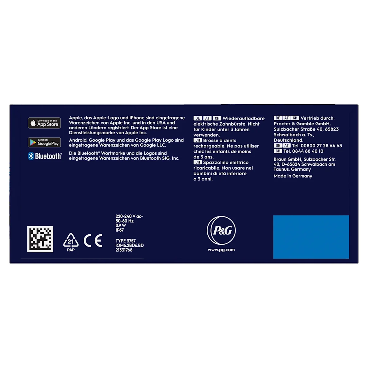 Oral-B iO6 elektrische Zahnbürste mit Verpackung, die geführte Reinigung mit der App hervorhebt, damit keine Stelle ausgelassen wird. Mit Made in Germany Anhänger.