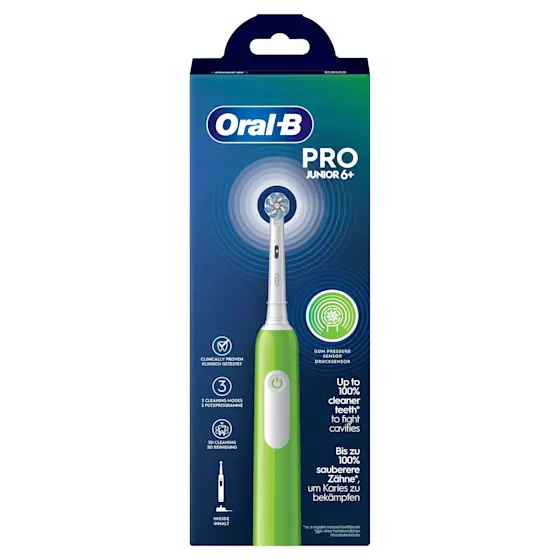 Oral-B PRO Junior 6+ elektrische ZahnbÃ¼rste mit Verpackung, die 3D Reinigung hervorhebt.