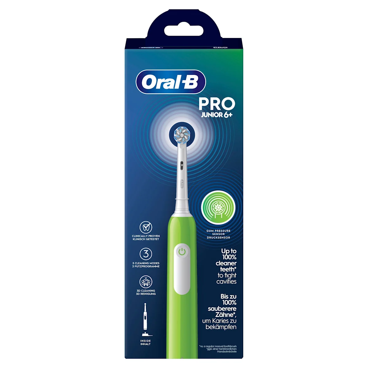 Oral-B PRO Junior 6+ elektrische Zahnbürste mit Verpackung, die 3D Reinigung hervorhebt.