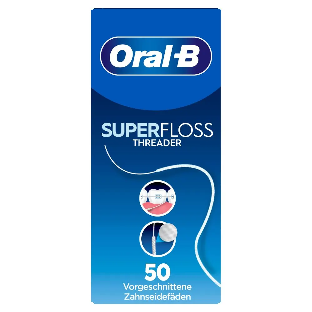 Oral-B Superfloss Threader Verpackung mit dem Hinweis auf 50 vorgeschnittene Zahnseidefäden zur Reinigung von Zahnspangen und unter Brücken.