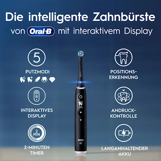 Oral-B iO 6 Zahnbürsten-Duo mit interaktivem Display für angeleitetes Putzen und dem Hinweis "Made in Germany".