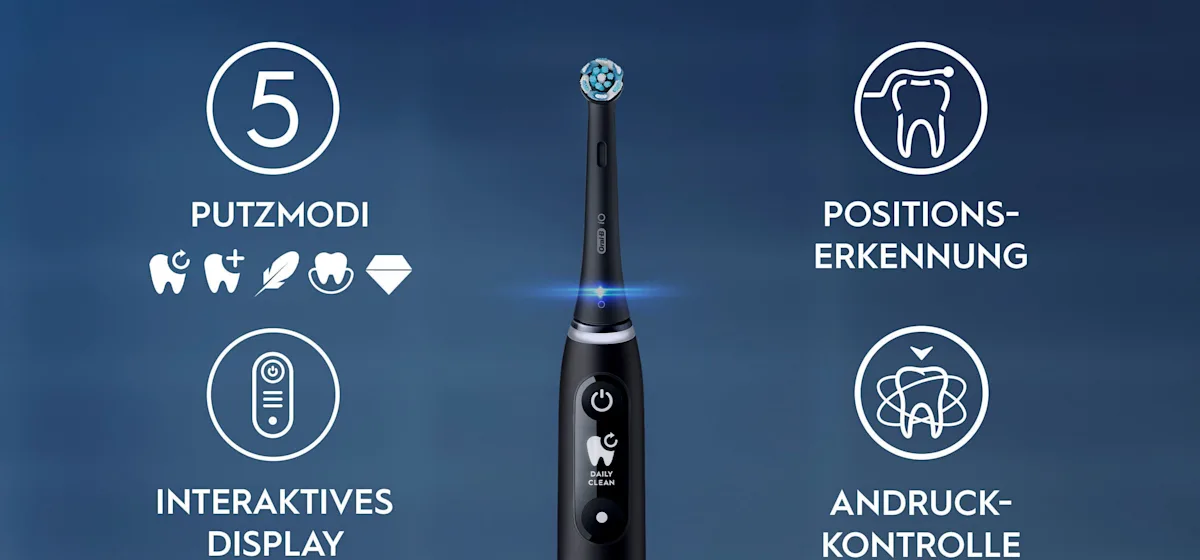 Oral-B iO 6 Zahnbürsten-Duo mit interaktivem Display für angeleitetes Putzen und dem Hinweis "Made in Germany".