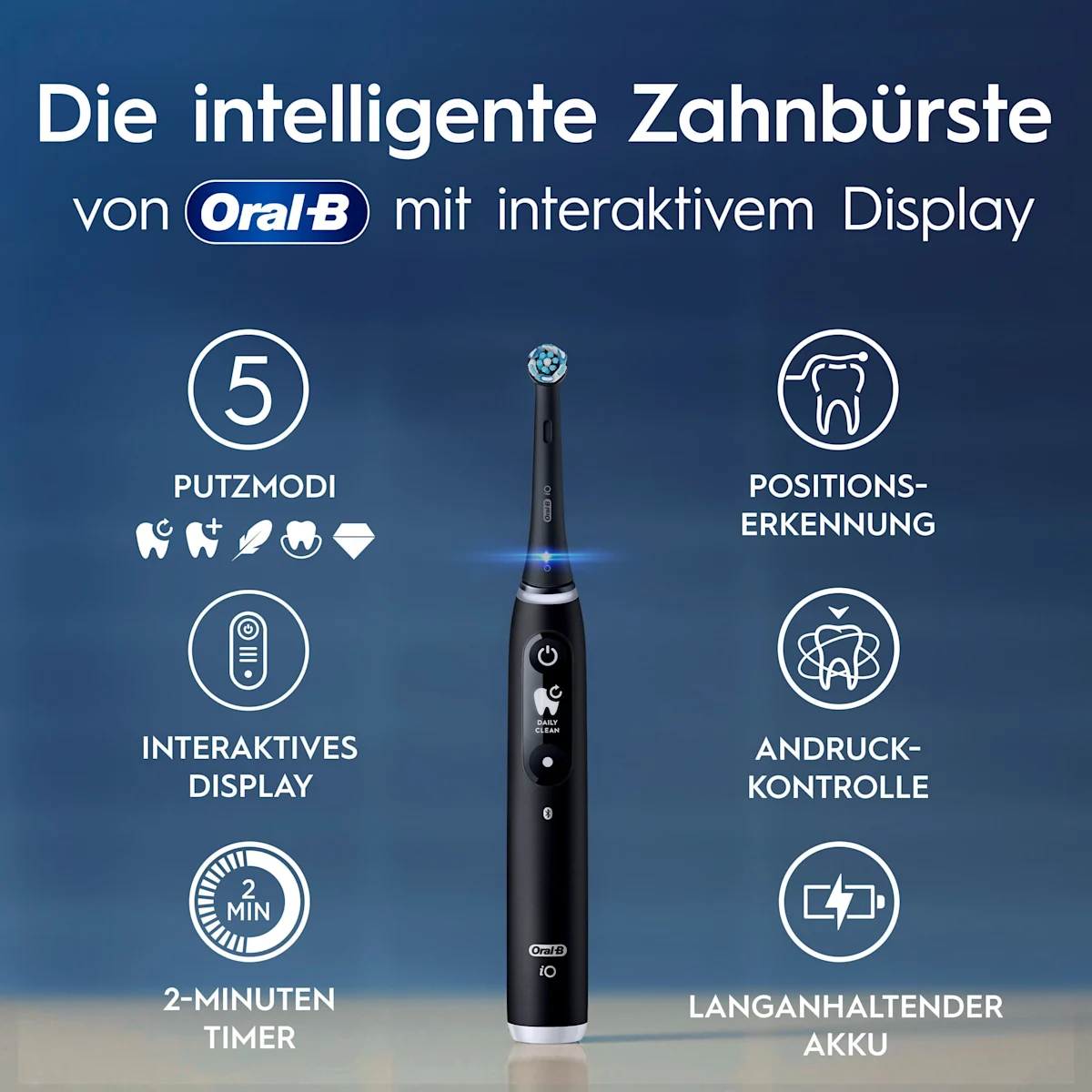 Oral-B iO 6 Zahnbürsten-Duo mit interaktivem Display für angeleitetes Putzen und dem Hinweis "Made in Germany".