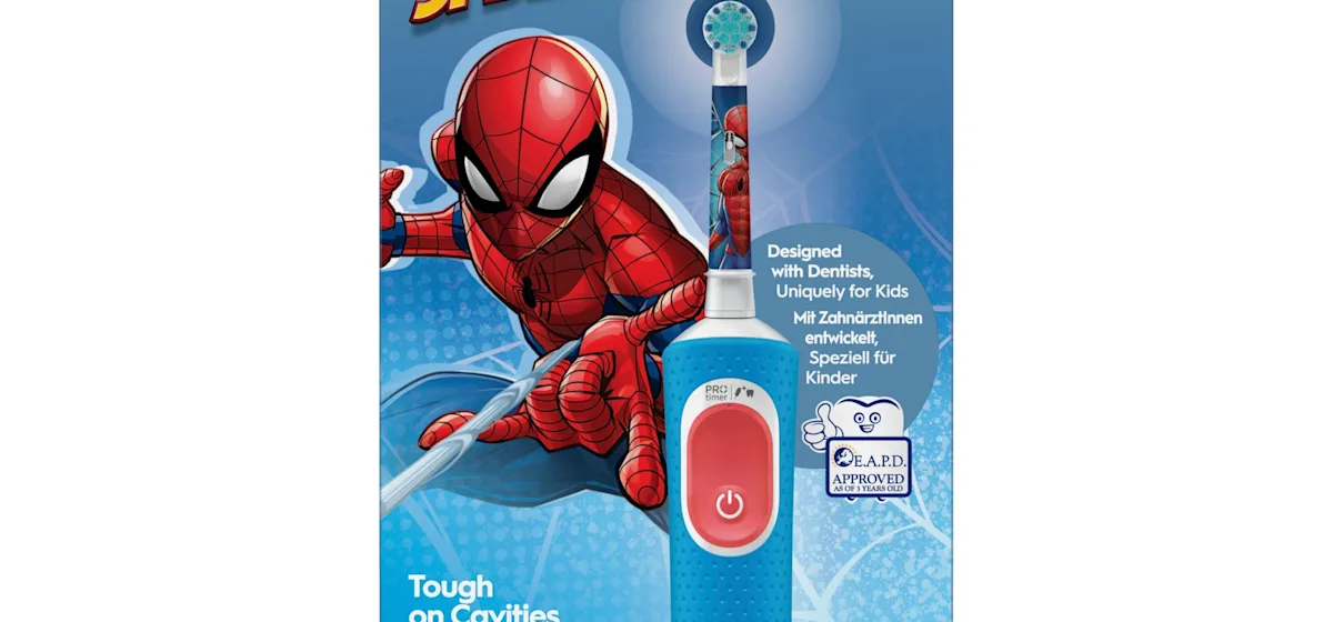 Oral-B PRO Kids elektrische Zahnbürste mit Marvel Spider-Man Design und Verpackung, für Kinder ab 3 Jahren.
