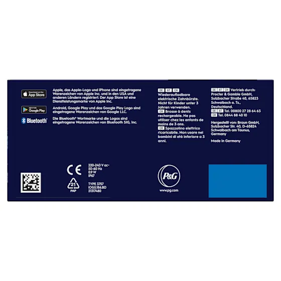 Oral-B iO5 Zahnbürste in Schwarz, zusammen mit Verpackung, Reiseetui und Ladefunktion; mit dem Hinweis Made in Germany.
