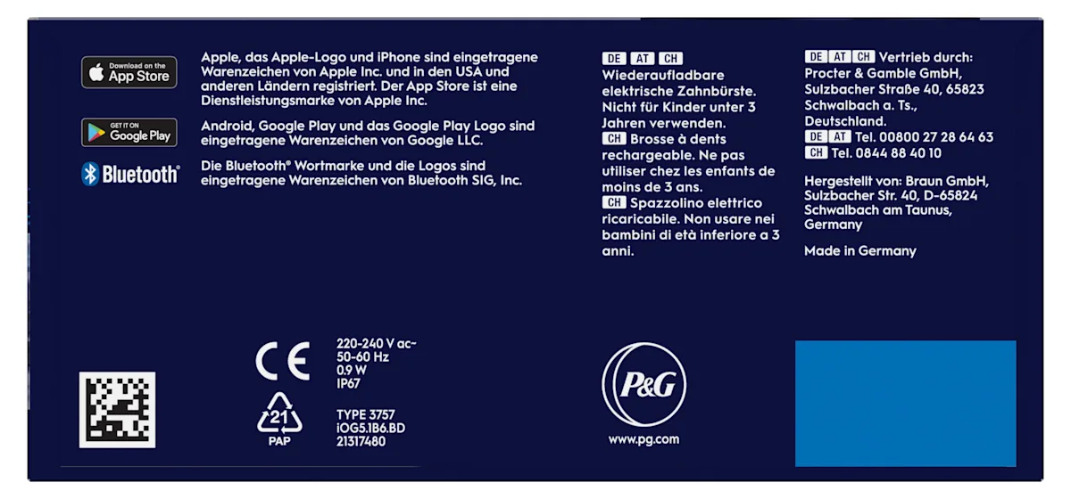 Oral-B iO5 Zahnbürste in Schwarz, zusammen mit Verpackung, Reiseetui und Ladefunktion; mit dem Hinweis Made in Germany.