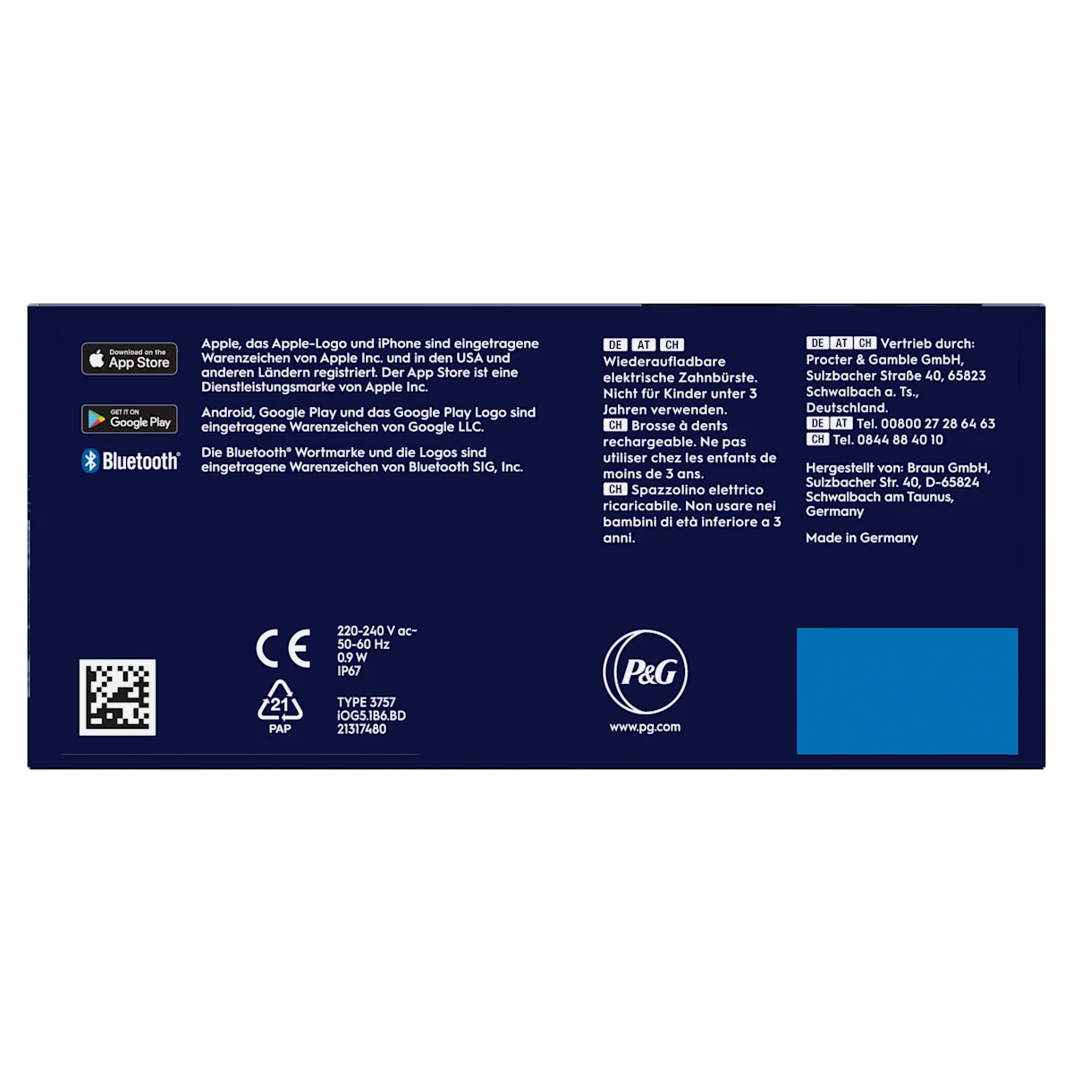Oral-B iO5 Zahnbürste in Schwarz, zusammen mit Verpackung, Reiseetui und Ladefunktion; mit dem Hinweis Made in Germany.