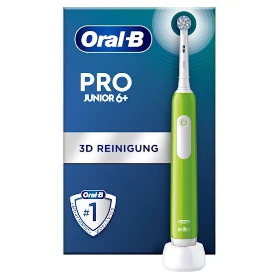 Oral-B PRO Junior 6+ elektrische ZahnbÃ¼rste mit Verpackung, die 3D Reinigung hervorhebt.