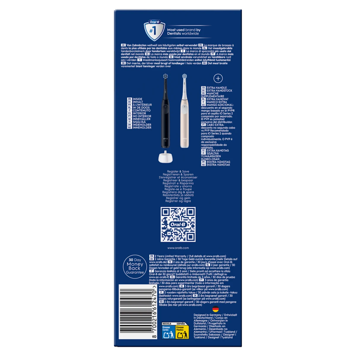 Oral-B iO Series 2 Zahnbürste, Verpackung mit dem Hinweis auf 100% sauberere Zähne im Vergleich zu einer herkömmlichen Handzahnbürste