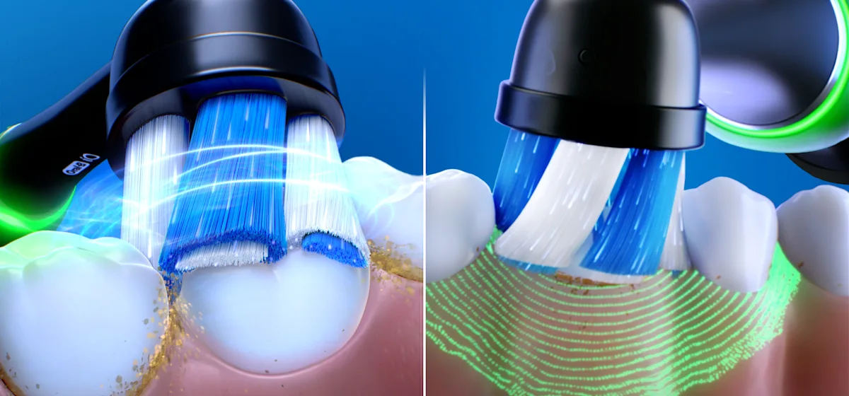 Oral-B iO3 Doppelpack mit 360° visueller Andruckkontrolle zum Zahnfleischschutz.