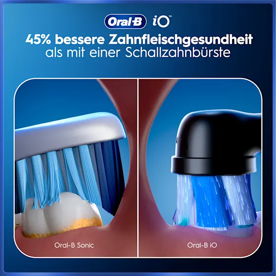 Oral-B iO5 Zahnbürste in Schwarz, zusammen mit Verpackung, Reiseetui und Ladefunktion; mit dem Hinweis Made in Germany.