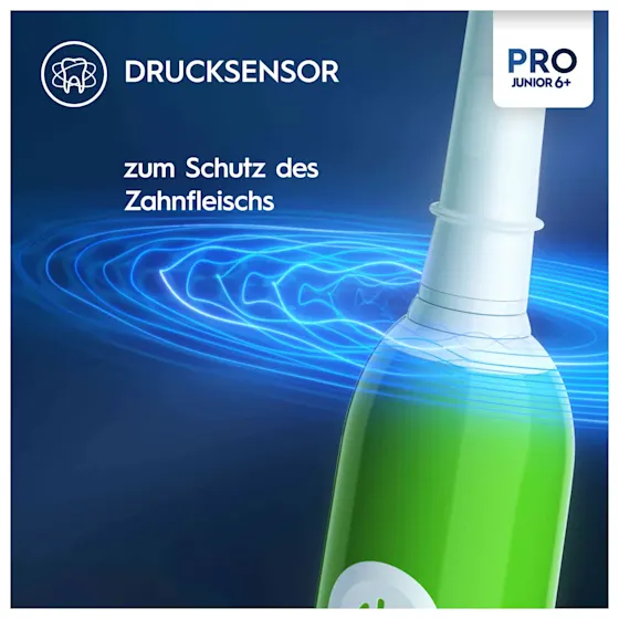 Oral-B PRO Junior 6+ elektrische ZahnbÃ¼rste mit Verpackung, die 3D Reinigung hervorhebt.
