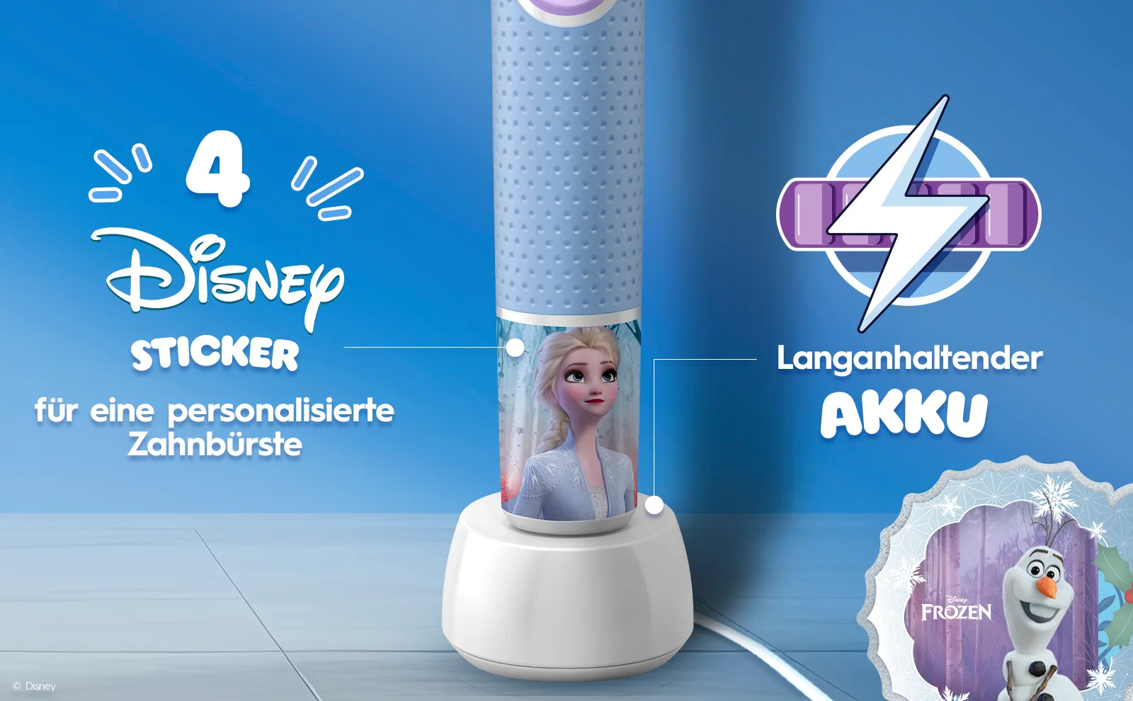 Oral-B Pro Kids Frozen Elektrische Zahnbürste inkl. 1 Aufsteckbürste, 4x Frozen Sticker, 2 Modi mit kinderfreundlichem Sensitiv Plus Modus, für Kinder ab 3 Jahren 