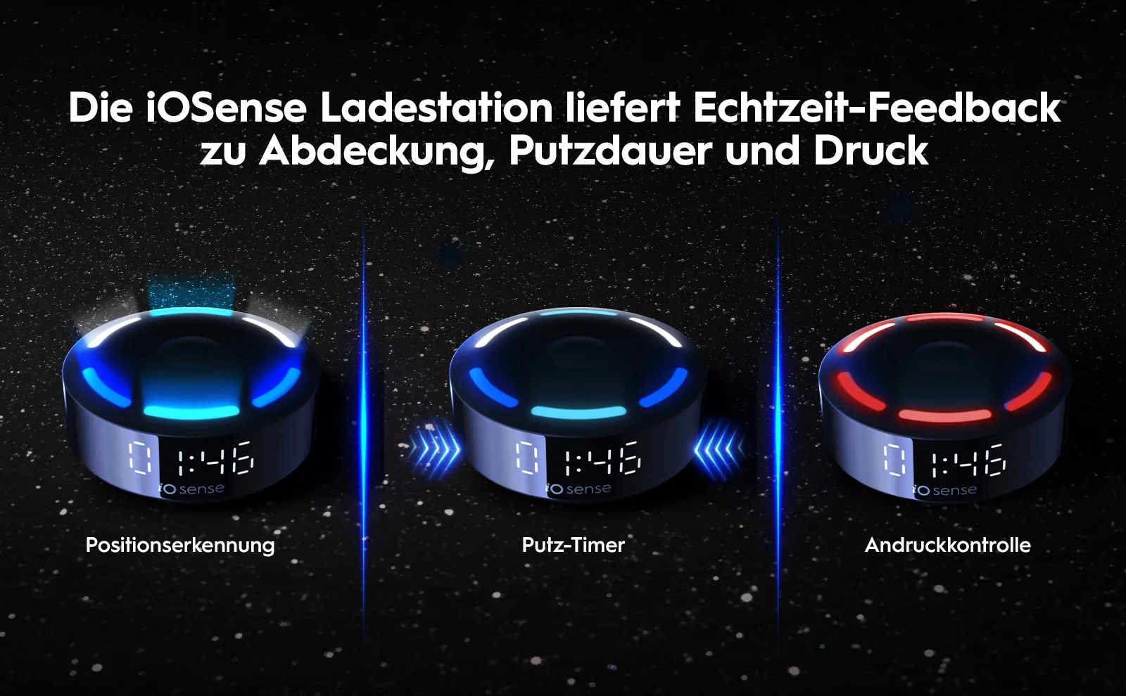 iOSense Ladestation mit drei Modi: Positionserkennung, Putz-Timer und Andruckkontrolle 