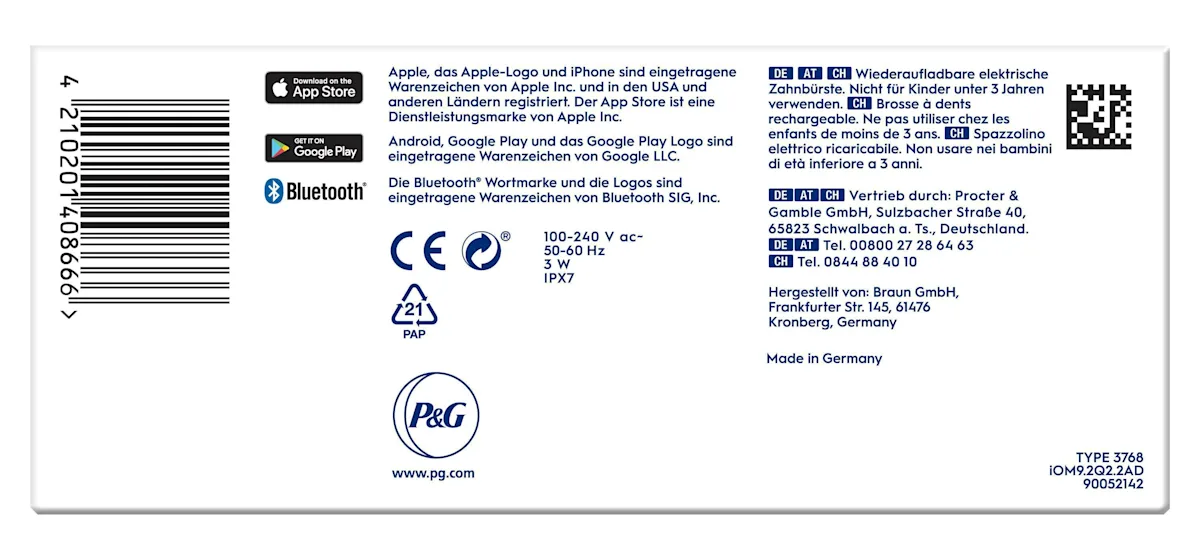 Oral-B iO9 Zahnbürste mit Verpackung, Reise-Etui mit Schnellladestation und „Made in Germany“ Anhänger.