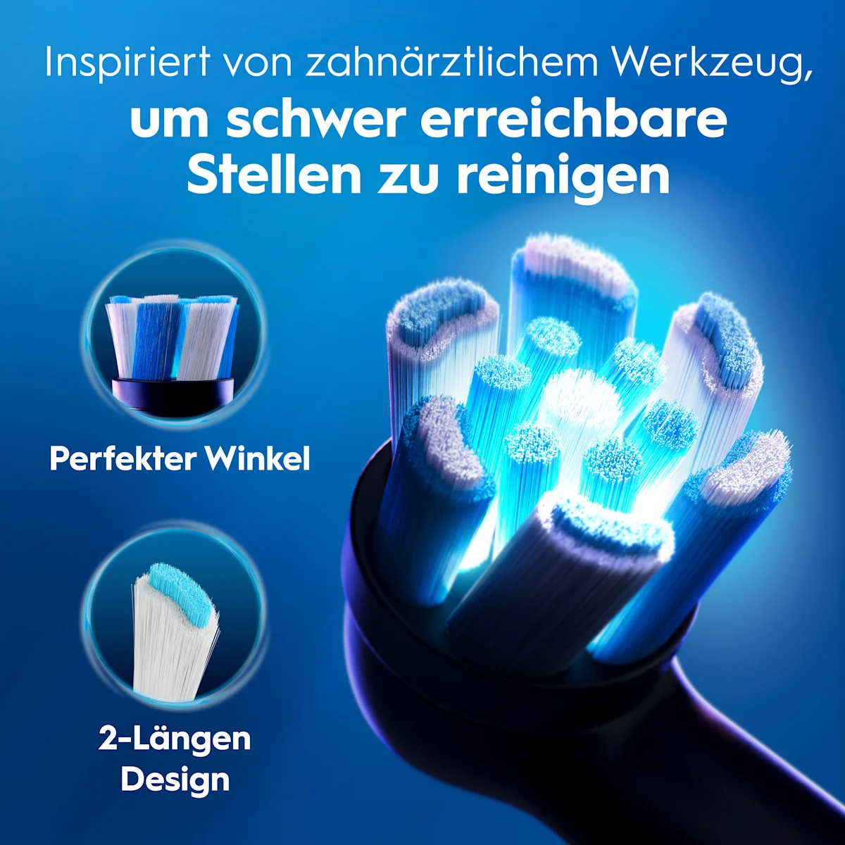 Oral-B iO3 elektrische Zahnbürste mit Verpackung, die die 360° visuelle Andruckkontrolle zur Schonung des Zahnfleisches hervorhebt. Mit Made in Germany Anhänger.