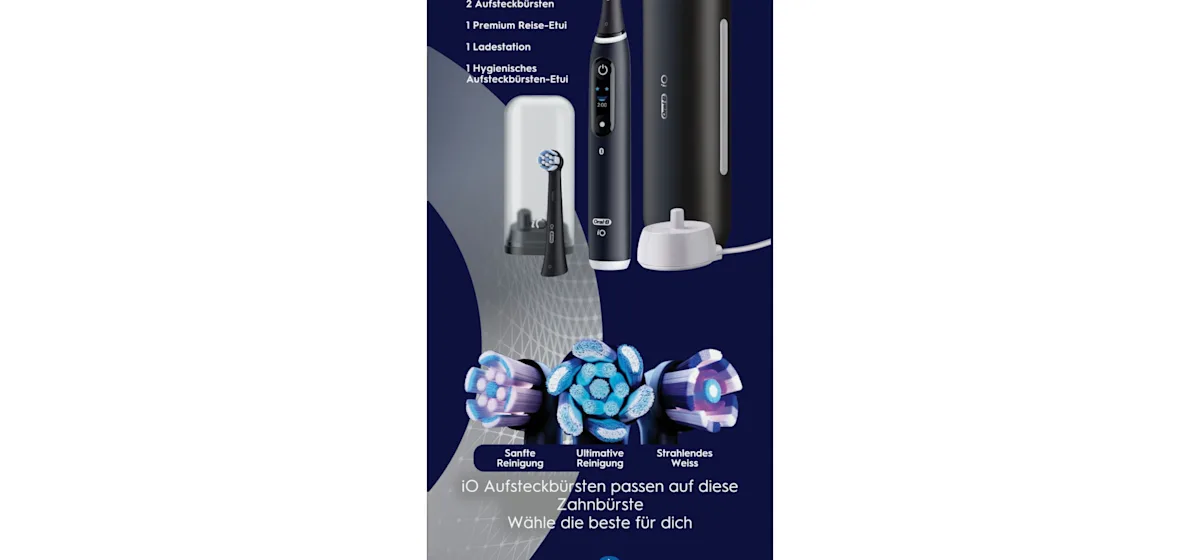 Oral-B iO6 elektrische Zahnbürste mit Verpackung, die geführte Reinigung mit der App hervorhebt, damit keine Stelle ausgelassen wird. Mit Made in Germany Anhänger.
