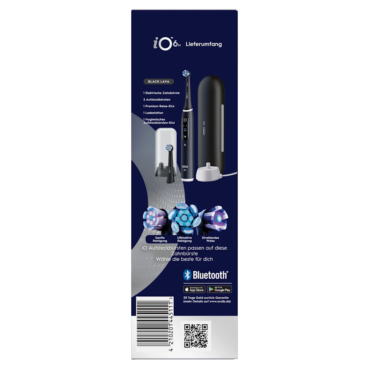 Oral-B iO6 elektrische Zahnbürste mit Verpackung, die geführte Reinigung mit der App hervorhebt, damit keine Stelle ausgelassen wird. Mit Made in Germany Anhänger.