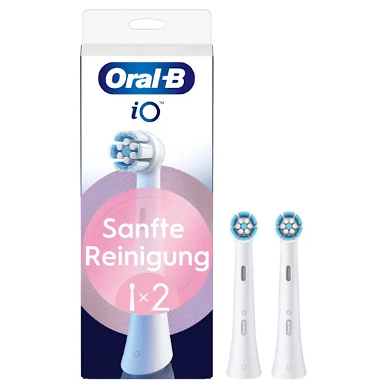 Oral-B iO Aufsteckbürsten-Verpackung, hervorgehoben wird die "Sanfte Reinigung" und dass zwei Bürsten enthalten sind.