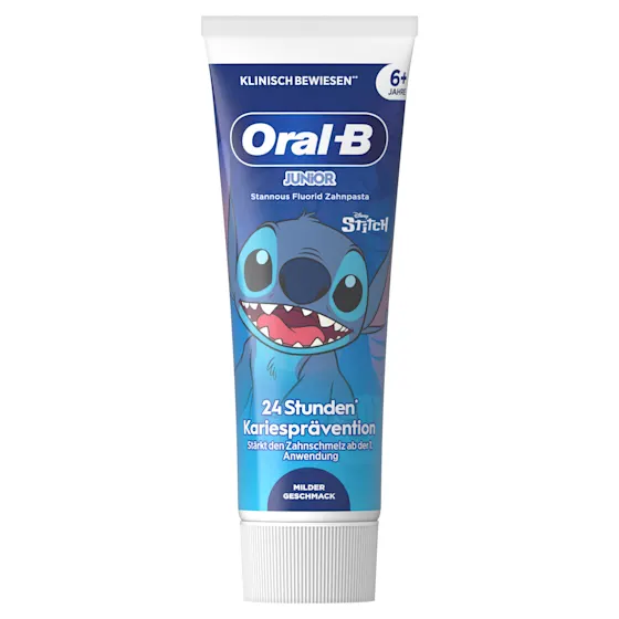 Oral-B Junior Stannous Fluorid Zahnpasta mit Disney Stitch, bietet 24 Stunden Kariesprävention und stärkt den Zahnschmelz.