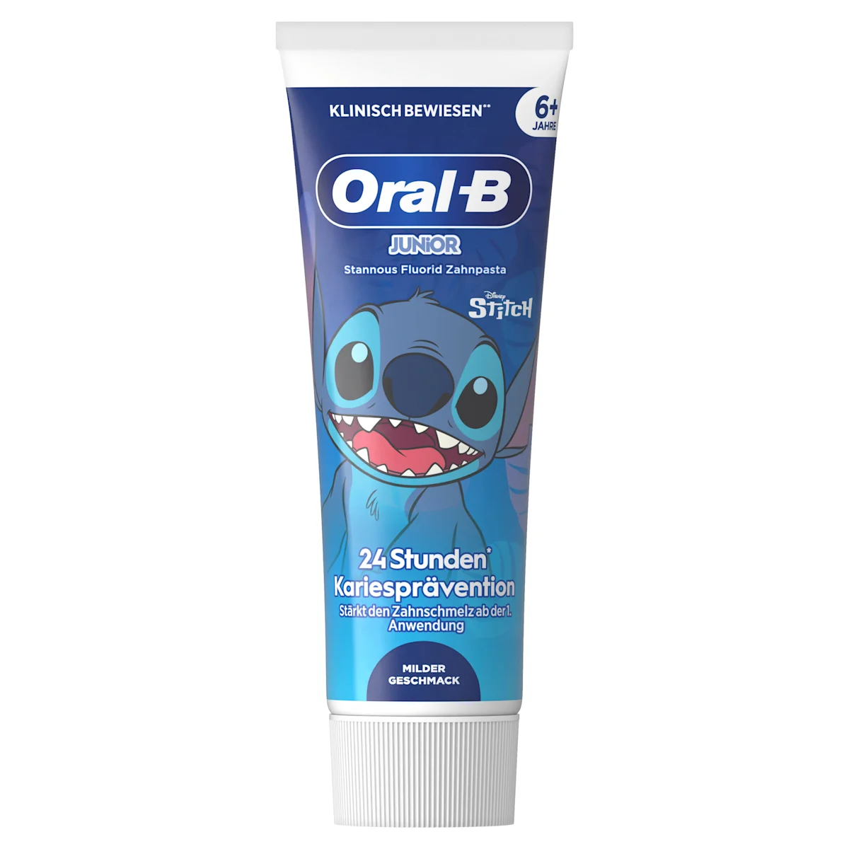Oral-B Junior Stannous Fluorid Zahnpasta mit Disney Stitch, bietet 24 Stunden Kariesprävention und stärkt den Zahnschmelz.