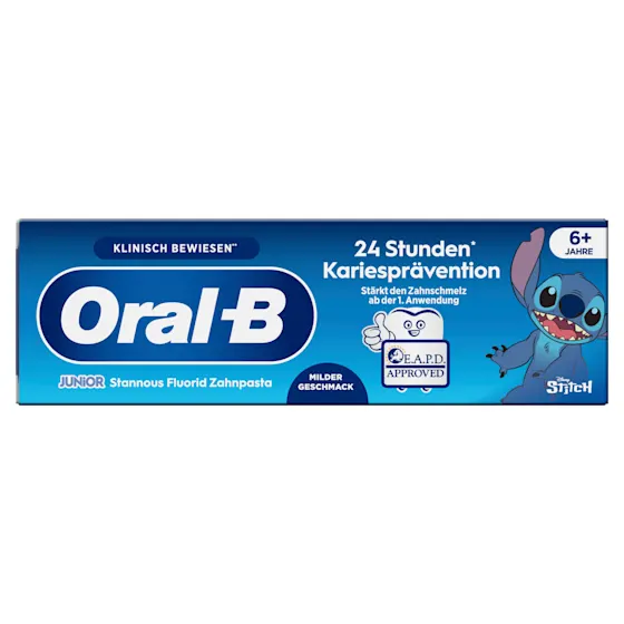 Oral-B Junior Stannous Fluorid Zahnpasta mit Disney Stitch, bietet 24 Stunden Kariesprävention und stärkt den Zahnschmelz.