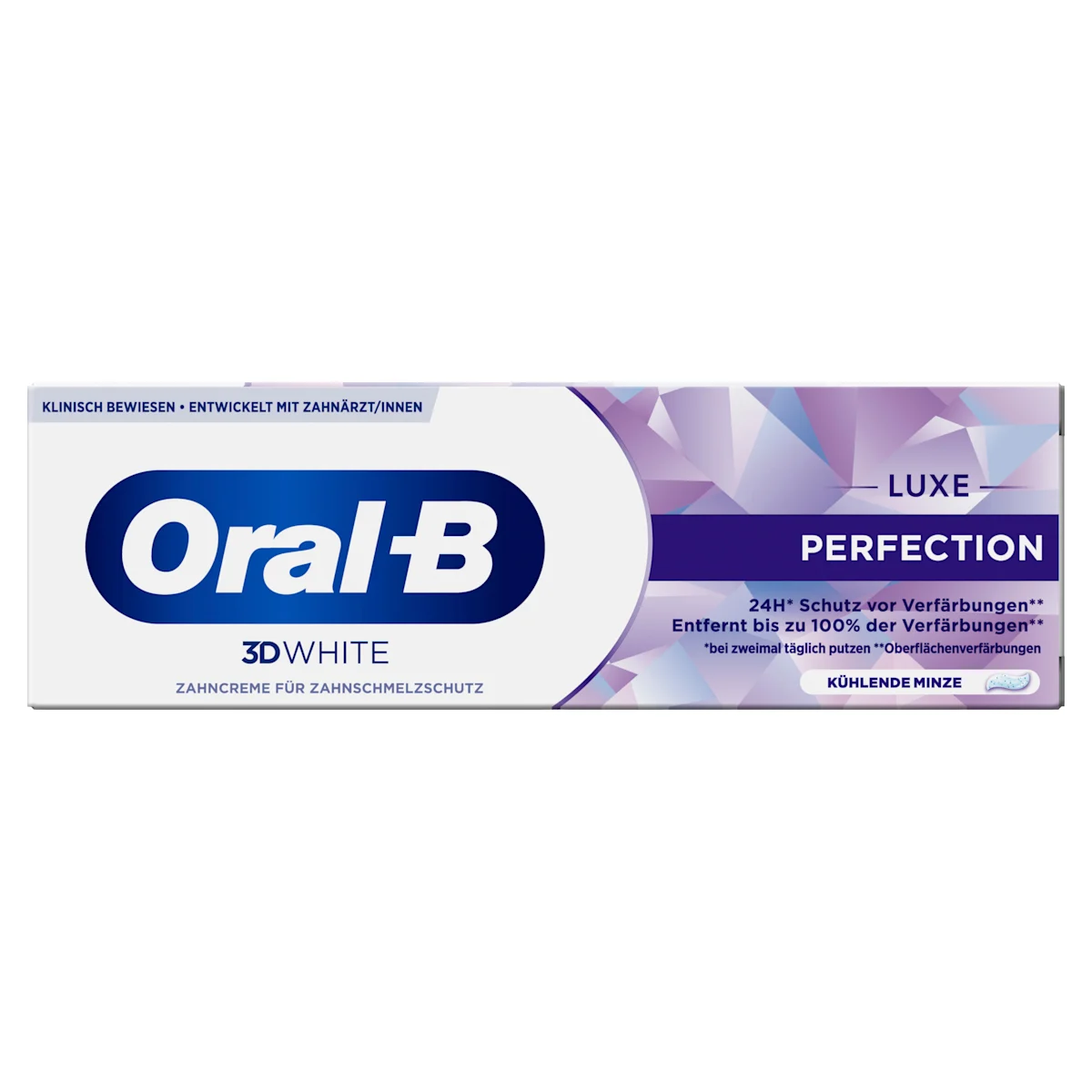 Oral-B 3D White Luxe Perfection Zahnpasta, Tube und Verpackung, mit dem Hinweis "Entfernt bis zu 100% der Verfärbungen".