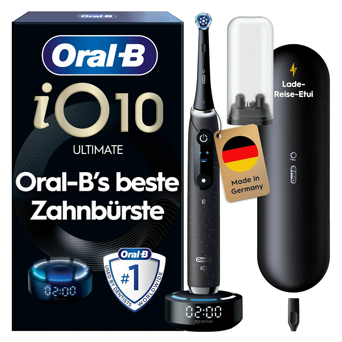 Oral-B iO 10 Ultimate Zahnbürste, mit Verpackung, Lade-Reise-Etui und dem Hinweis Oral-B's beste Zahnbürste.