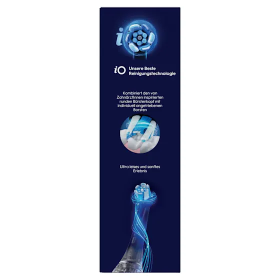 Oral-B iO5 Zahnbürste in Schwarz, zusammen mit Verpackung, Reiseetui und Ladefunktion; mit dem Hinweis Made in Germany.