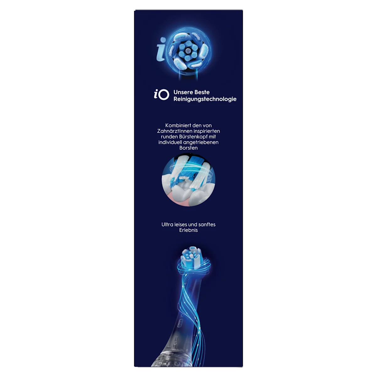 Oral-B iO5 Zahnbürste in Schwarz, zusammen mit Verpackung, Reiseetui und Ladefunktion; mit dem Hinweis Made in Germany.