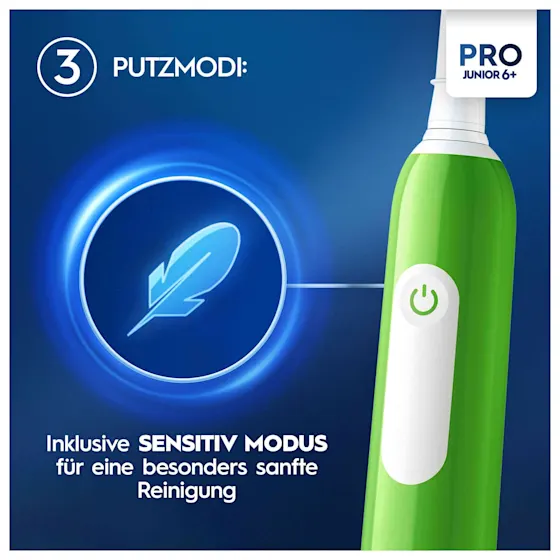 Oral-B PRO Junior 6+ elektrische ZahnbÃ¼rste mit Verpackung, die 3D Reinigung hervorhebt.