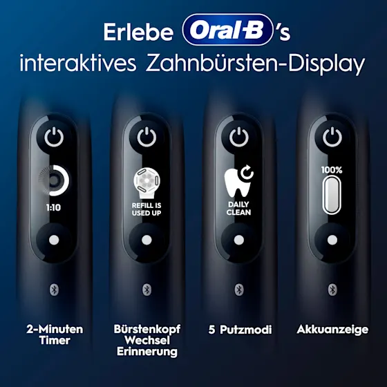 Oral-B iO 6 Zahnbürsten-Duo mit interaktivem Display für angeleitetes Putzen und dem Hinweis "Made in Germany".