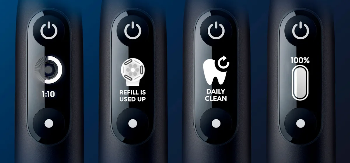 Oral-B iO 6 Zahnbürsten-Duo mit interaktivem Display für angeleitetes Putzen und dem Hinweis "Made in Germany".