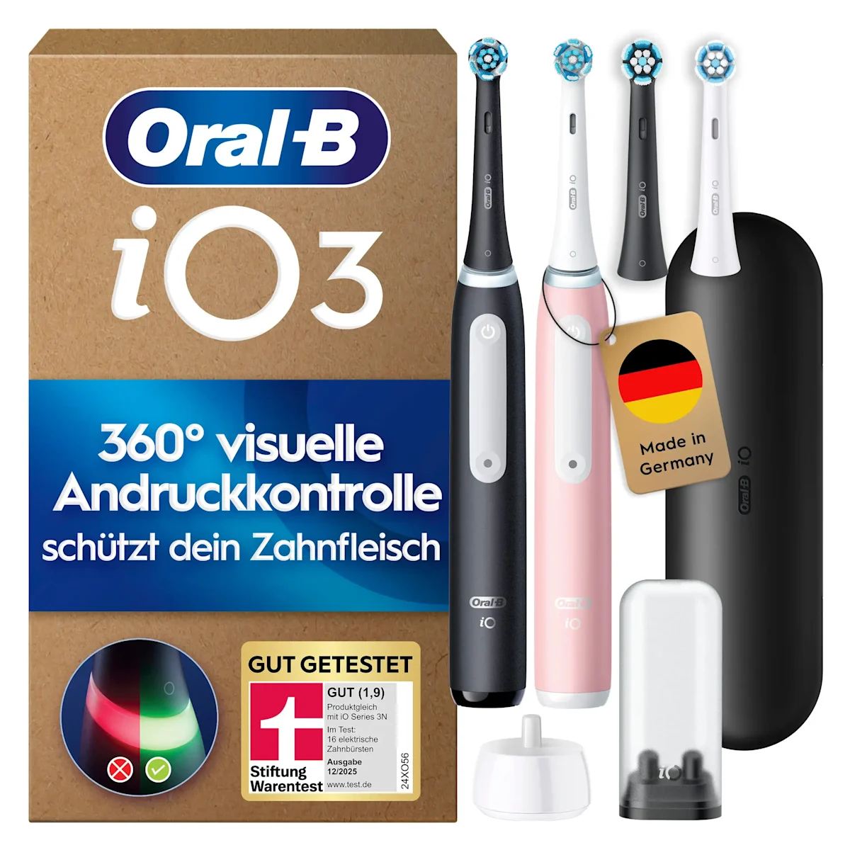 Oral-B iO3 Verpackung mit dem Hinweis auf 360° visuelle Andruckkontrolle und der Auszeichnung Testsieger von Stiftung Warentest.