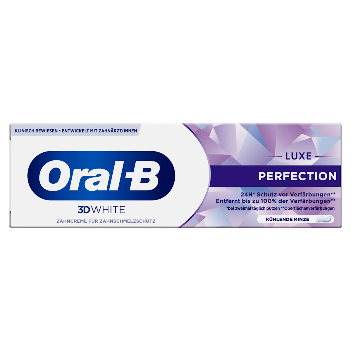 Oral-B 3D White Luxe Perfection Zahnpasta, Tube und Verpackung, mit dem Hinweis "Entfernt bis zu 100% der Verfärbungen".