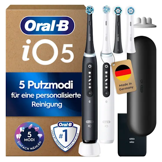 Oral-B iO5 Zahnbürste e mit Verpackung, die 5 Putzmodi fÃ¼r eine personalisierte Reinigung hervorhebt.