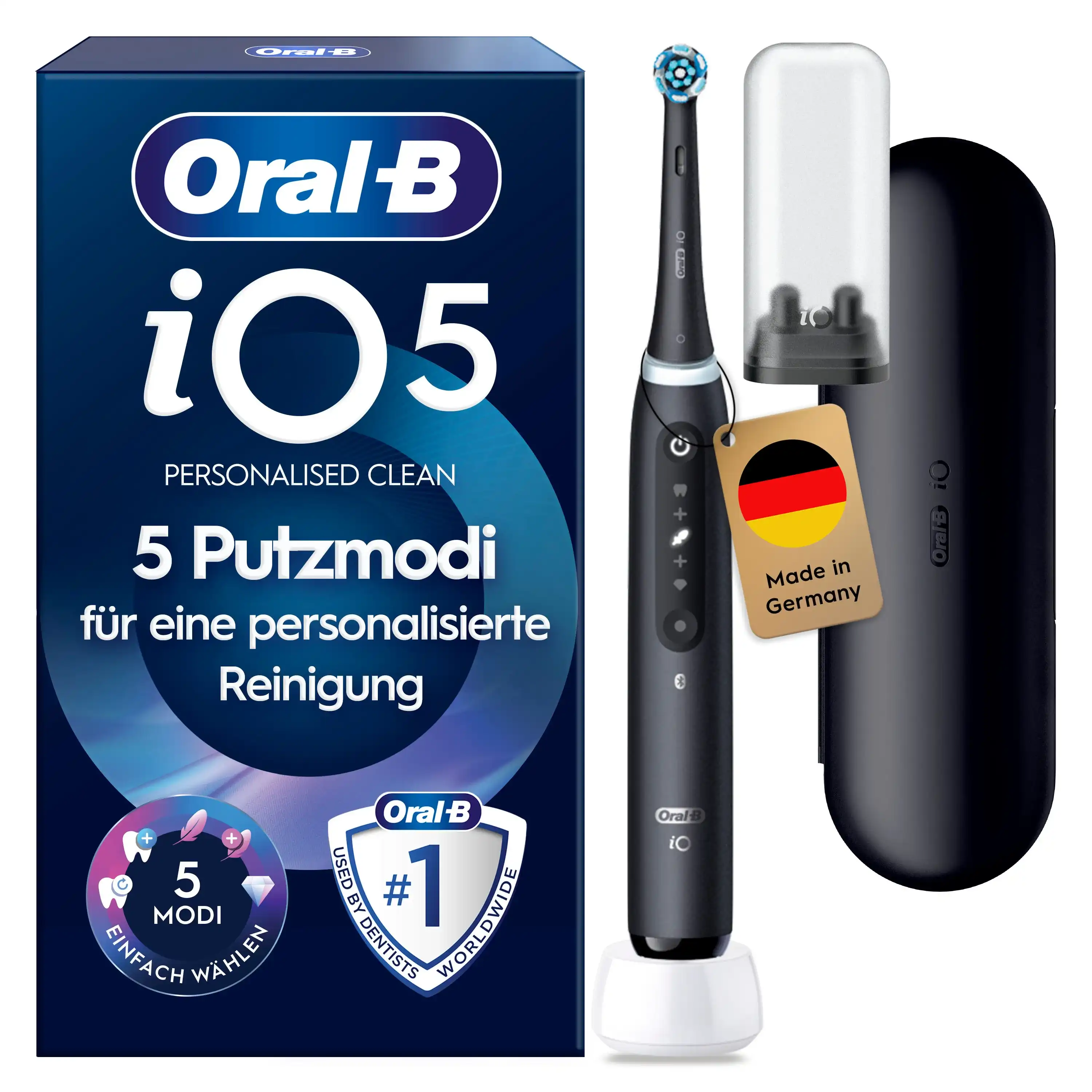 Oral-B iO5 Zahnbürste in Schwarz, zusammen mit Verpackung, Reiseetui und Ladefunktion; mit dem Hinweis Made in Germany.