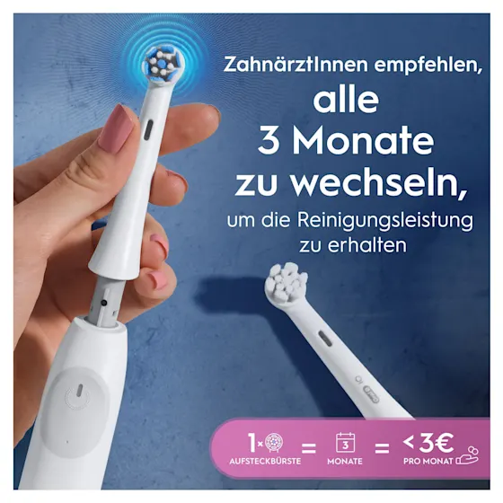 Oral-B iO Aufsteckbürsten-Verpackung, hervorgehoben wird die "Sanfte Reinigung" und dass zwei Bürsten enthalten sind.