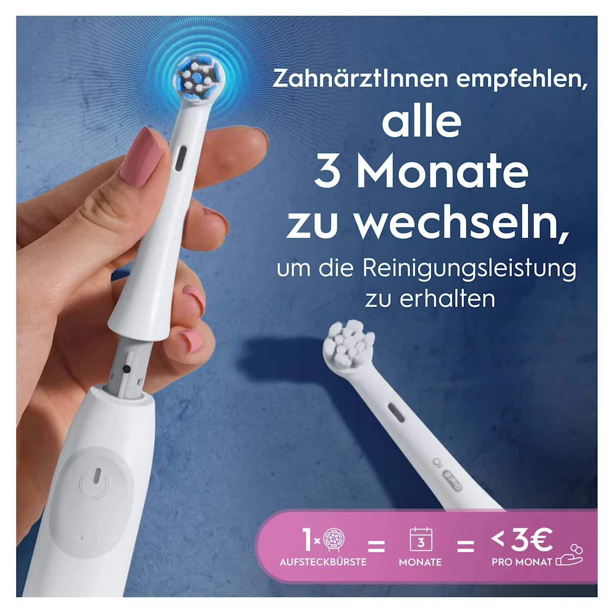 Oral-B iO Aufsteckbürsten-Verpackung, hervorgehoben wird die "Sanfte Reinigung" und dass zwei Bürsten enthalten sind.