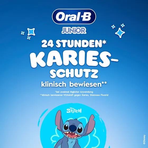 Oral-B Junior Stannous Fluorid Zahnpasta mit Disney Stitch, bietet 24 Stunden Kariesprävention und stärkt den Zahnschmelz.