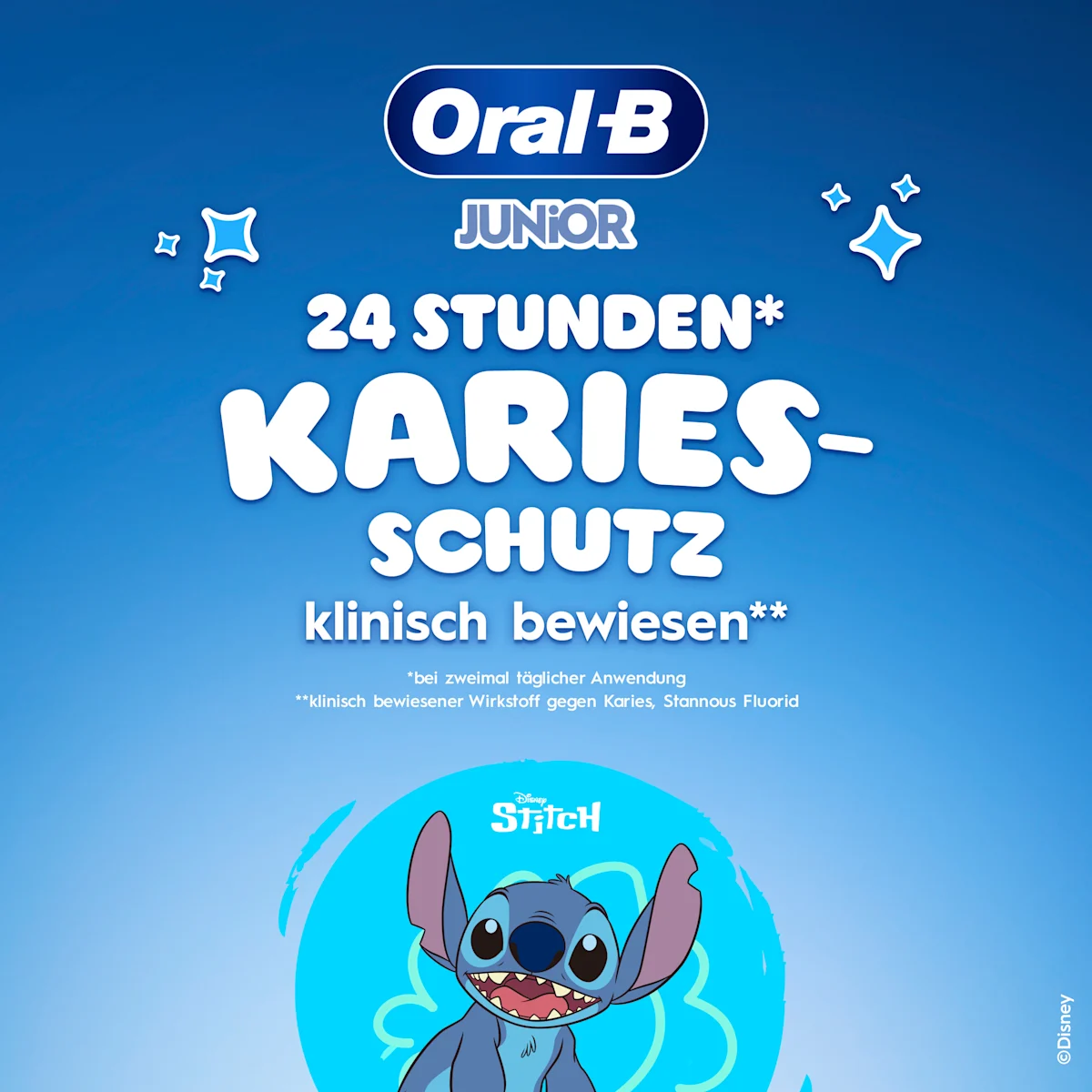 Oral-B Junior Stannous Fluorid Zahnpasta mit Disney Stitch, bietet 24 Stunden Kariesprävention und stärkt den Zahnschmelz.