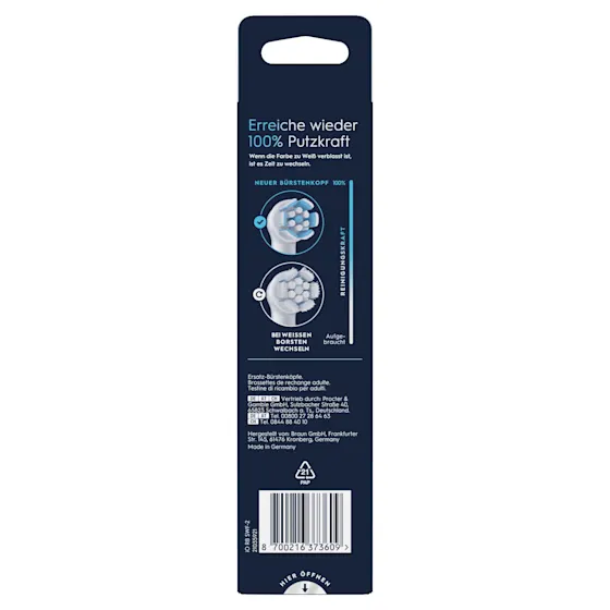 Oral-B iO Aufsteckbürsten-Verpackung, hervorgehoben wird die "Sanfte Reinigung" und dass zwei Bürsten enthalten sind.